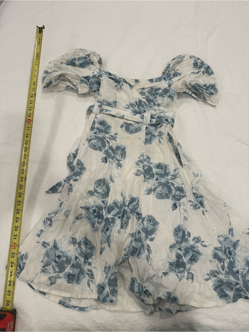 Blue Floral Midi Dress with Puff Sleeves